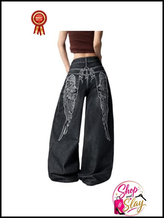 Denim - Wide Leg Baggy High Waisted Denim Jeans Loose Fit Y2K Graphic Streetwear Pants